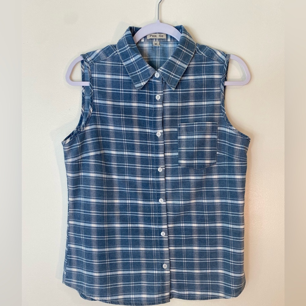 Per Se Blue Plaid Sleeveless Cotton Top M